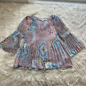 Spense Petite Accordion Pleat Blouse Gypsy Boho Tunic 3/4 Bell Sleeves Women's S